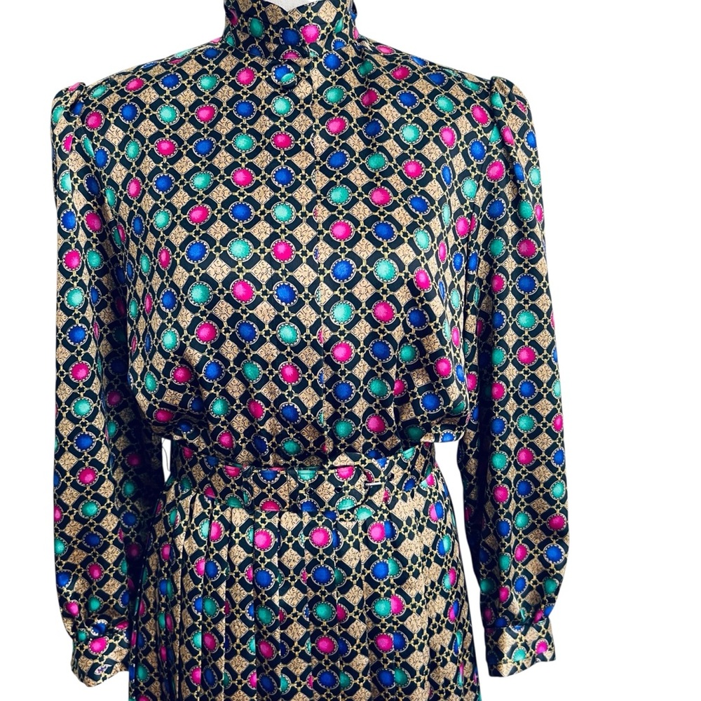 Vintage Pleated Medallion Print Jewel Tones Dress Size 8 - Picture 15 of 15